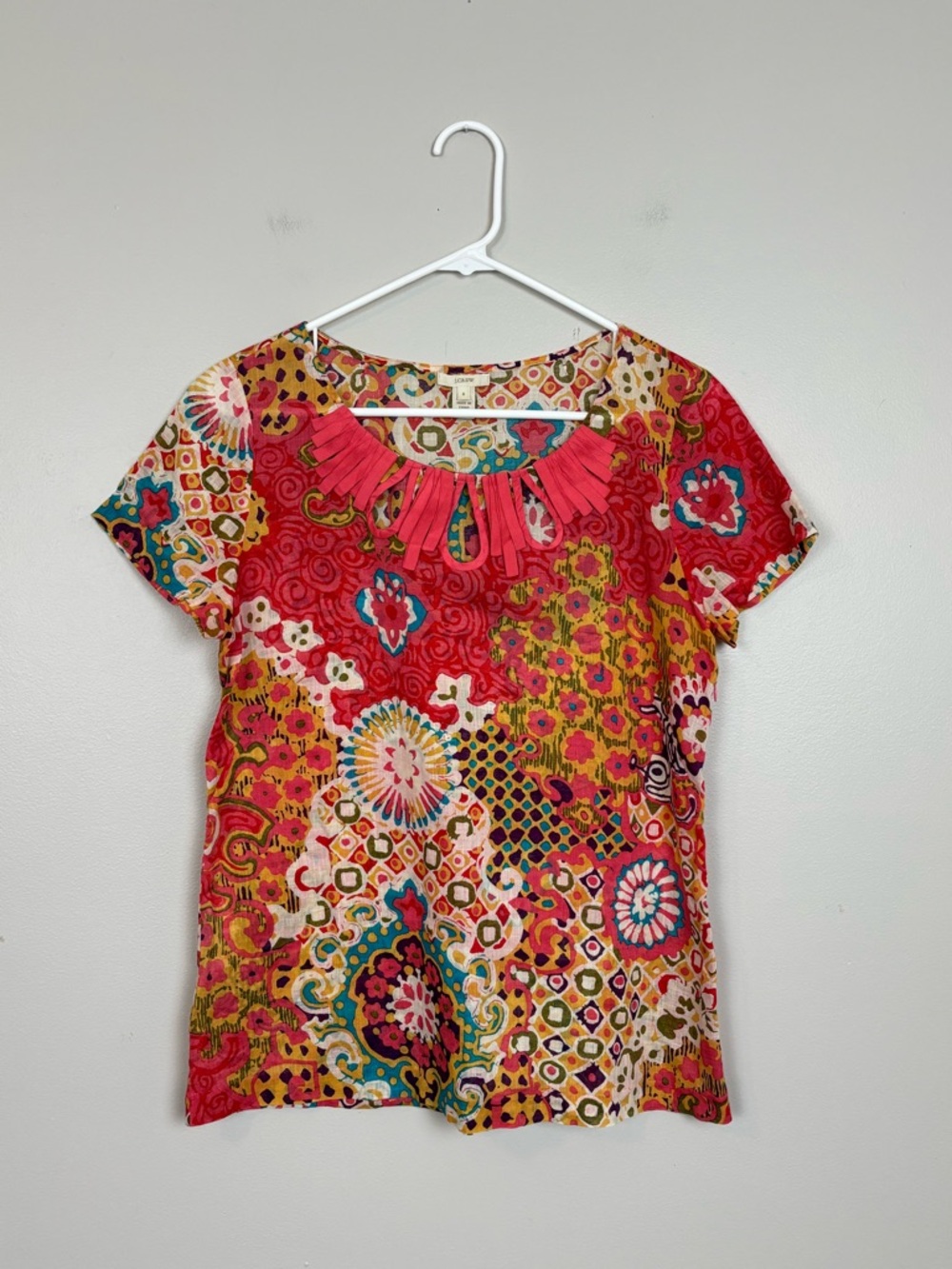 J Crew Top Womens 8 Lattice Multicolor Boho Print Short Sleeve Side Zippered